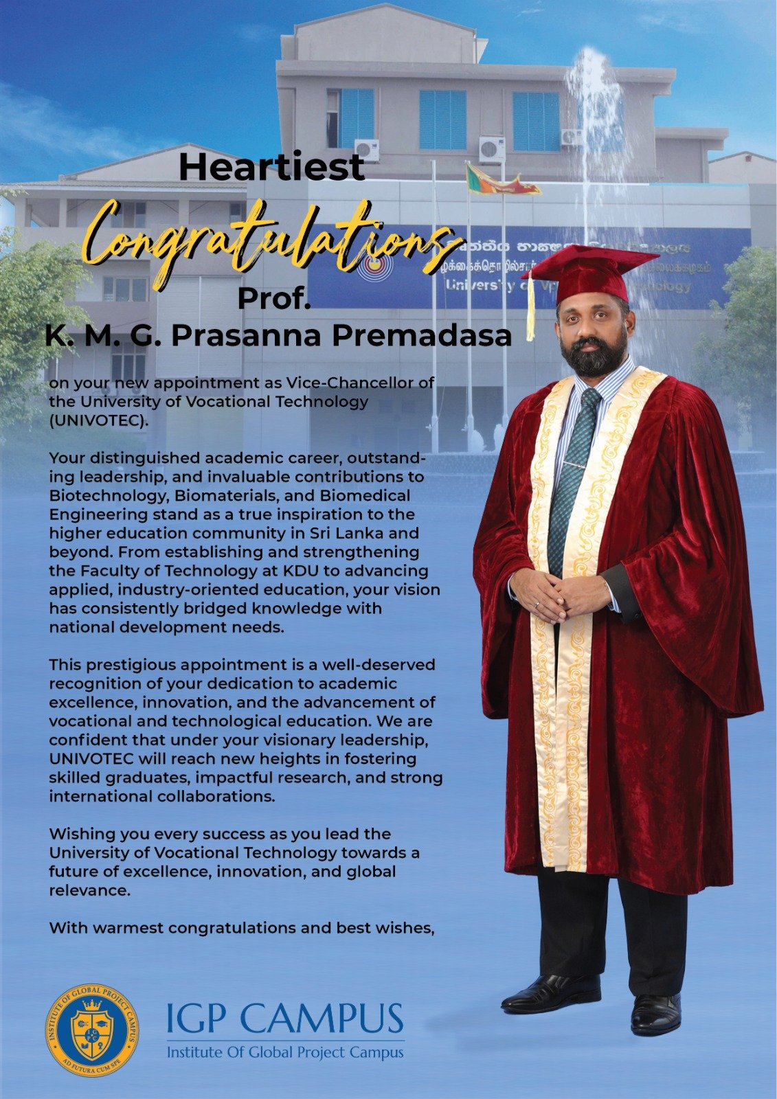 Celebrating a Visionary Appointment: Prof. K. M. G. Prasanna Premadasa Named Vice-Chancellor of UNIVOTEC